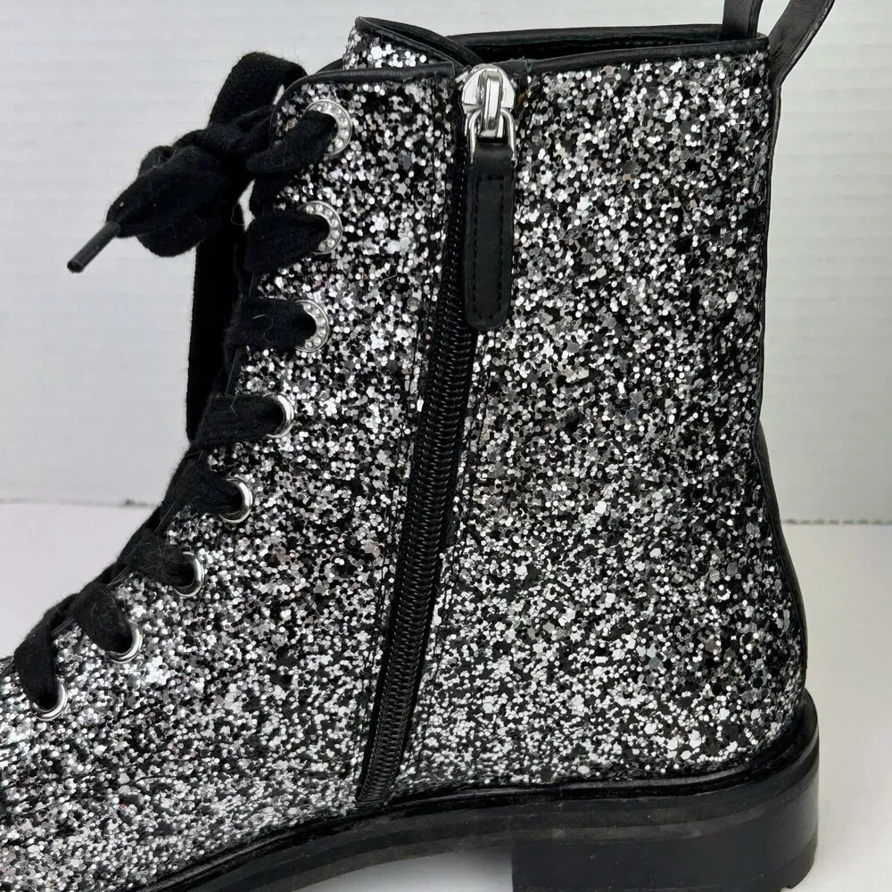 Kate Spade Jemma Glitter Combat Boots Lace Up Shoes Sparkle Leather Silver 7.5